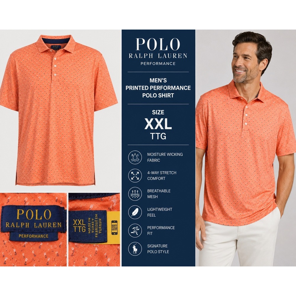 Polo Ralph Lauren Performance Shirt Mens XXL Orange AOP "RL" Short Sleeve Polo